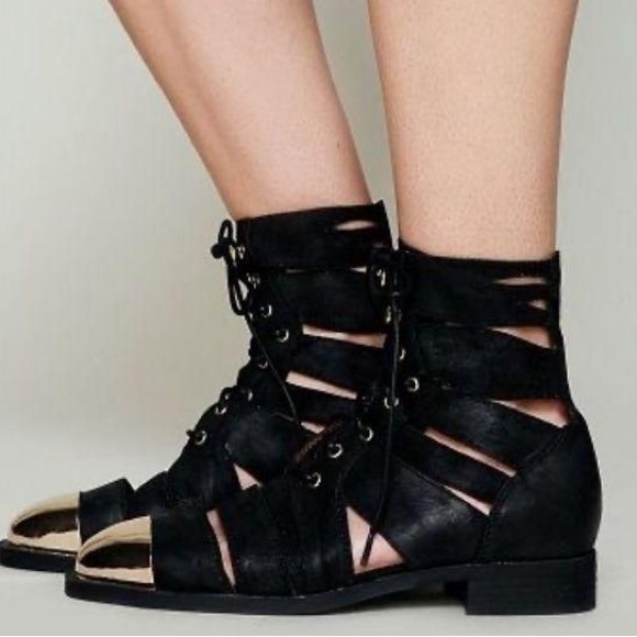 Jeffrey Campbell Slashed Black Suede Leather Gold Steel Cap Toe Booties Size 8 - Picture 1 of 17
